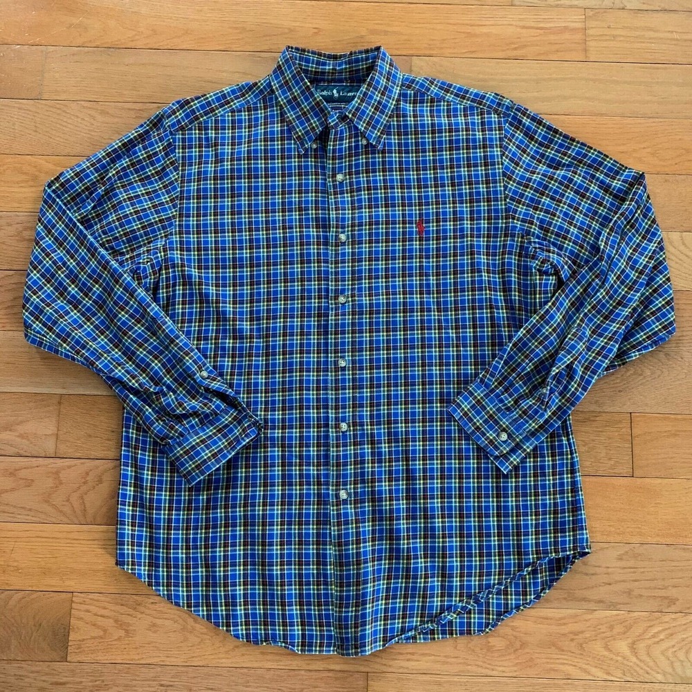 Vintage‎ Ralph Lauren Button Down Shirt Mens L Classic Fit Blue Red Plaid Pony